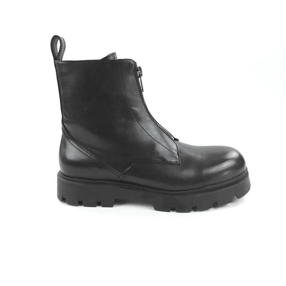ZARA 100% Leather Lug Sole Zip Front Combat Boots Black Y2k Goth Grunge Indie